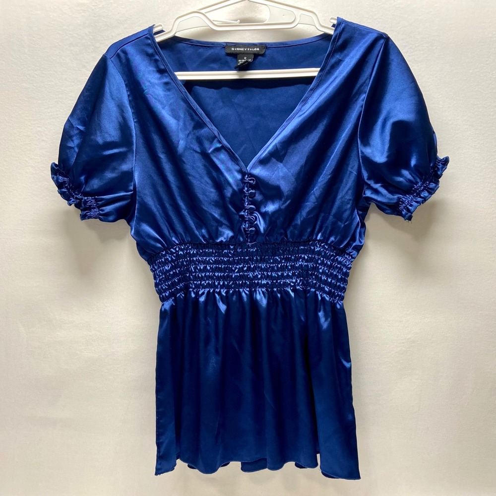 Sydney Tyler Blouse Women's 12 Deep Royal Smocked Waist Peplum Top V-Neck GUC
